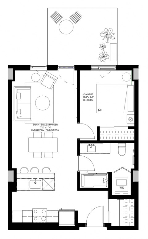 Floor plan for 1 bed, 1 bath